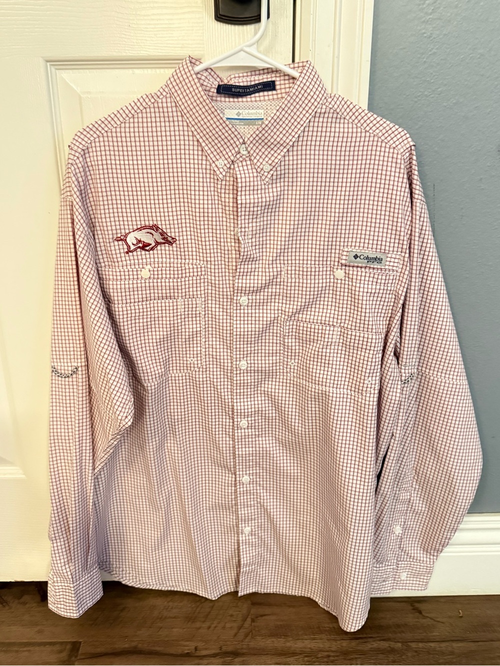 Razorback Columbia Men’s Light Red Gingham Button-Down Shirt